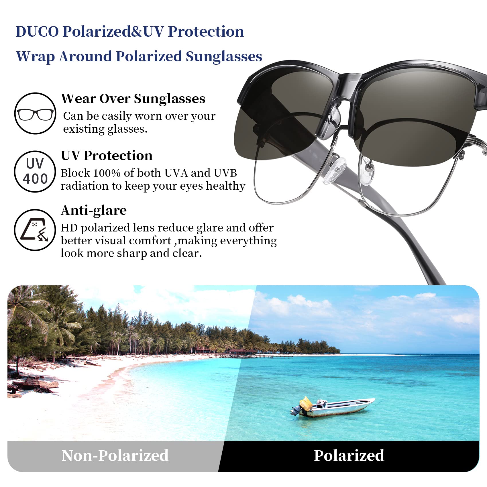 DUCO Fit Over Glasses Unisex Wraparound Glasses Fashion Rimless Wear Over Glasses Polarized Sunglasses for Men and Women 8960 - Image 5