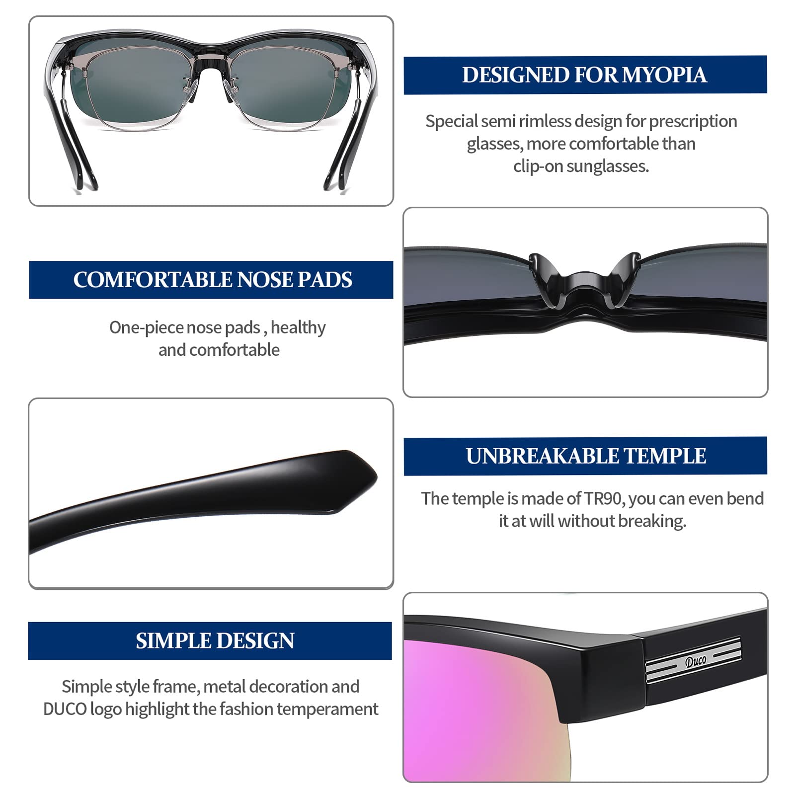 DUCO Fit Over Glasses Unisex Wraparound Glasses Fashion Rimless Wear Over Glasses Polarized Sunglasses for Men and Women 8960 - Image 5