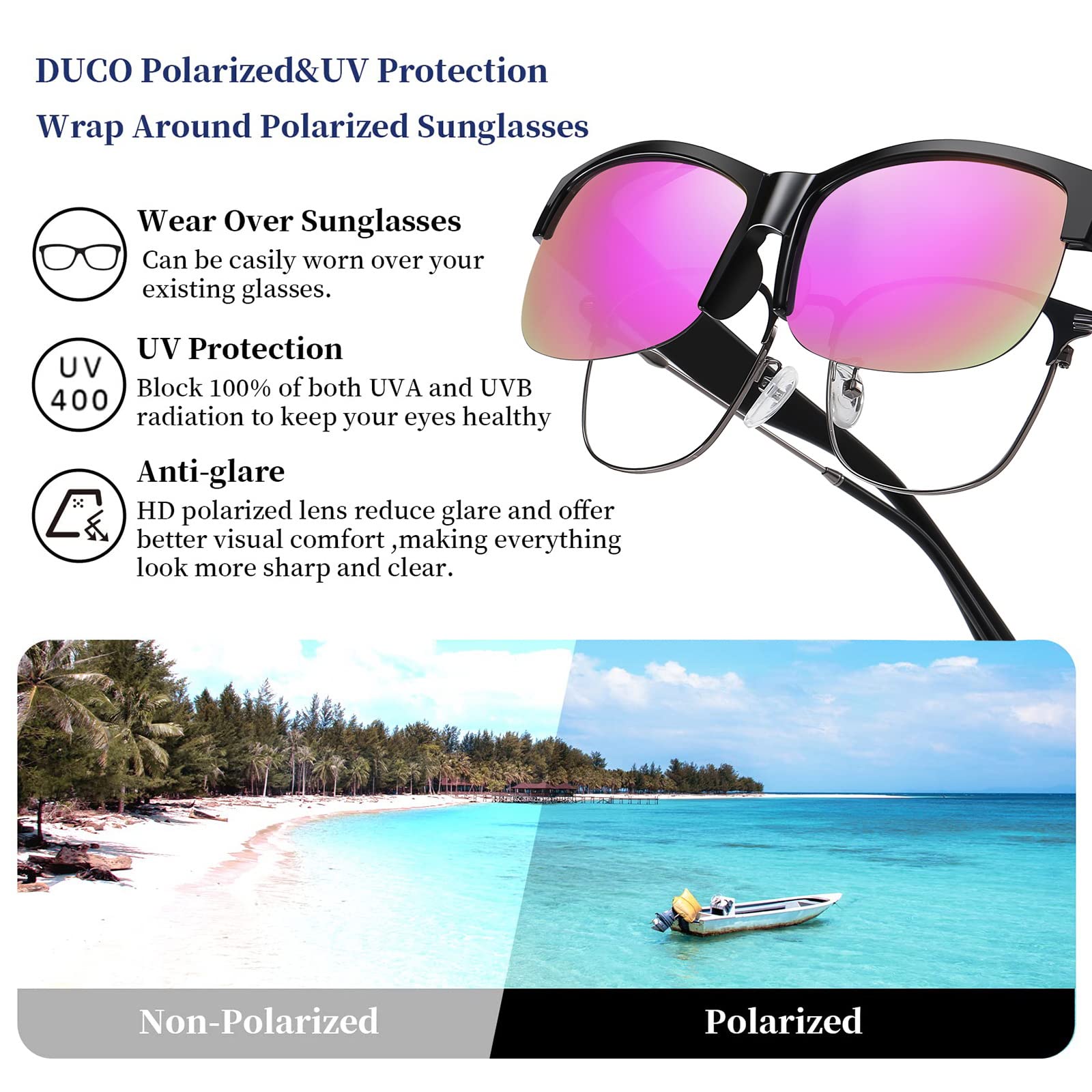 DUCO Fit Over Glasses Unisex Wraparound Glasses Fashion Rimless Wear Over Glasses Polarized Sunglasses for Men and Women 8960 - Image 6
