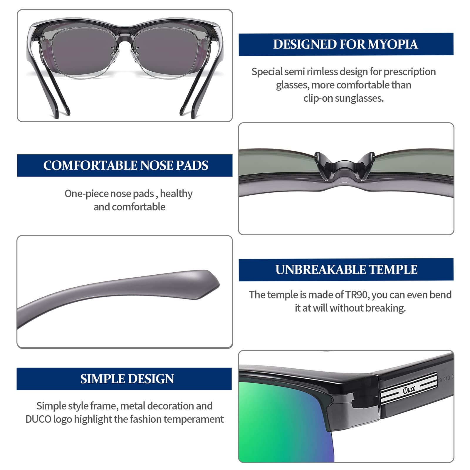 DUCO Fit Over Glasses Unisex Wraparound Glasses Fashion Rimless Wear Over Glasses Polarized Sunglasses for Men and Women 8960 - Image 5