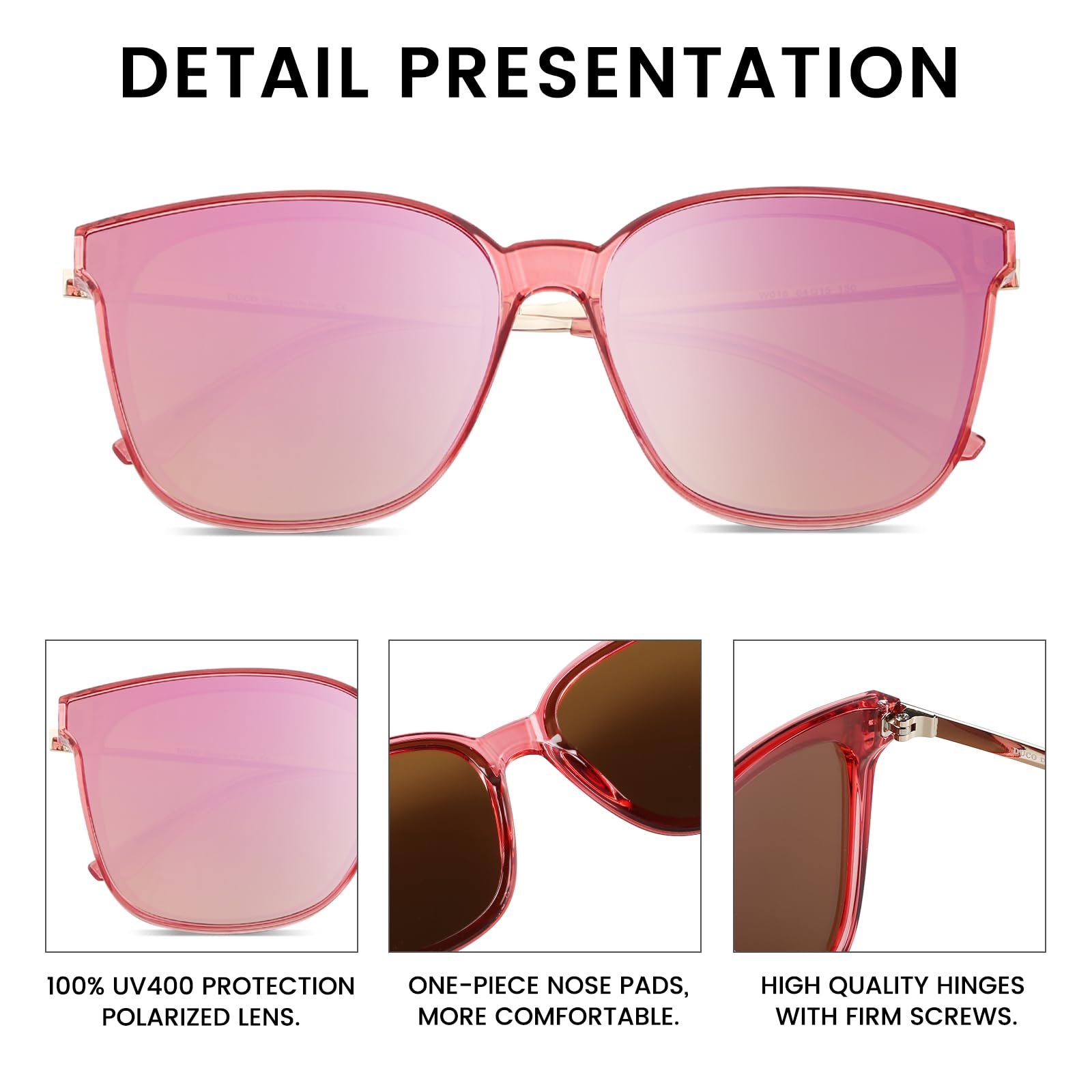 DUCO Oversized Polarized Sunglasses for Women, Trendy Mirrored Shades Retro Square Light Weight UV400 Sun Glasses W016 - Image 4