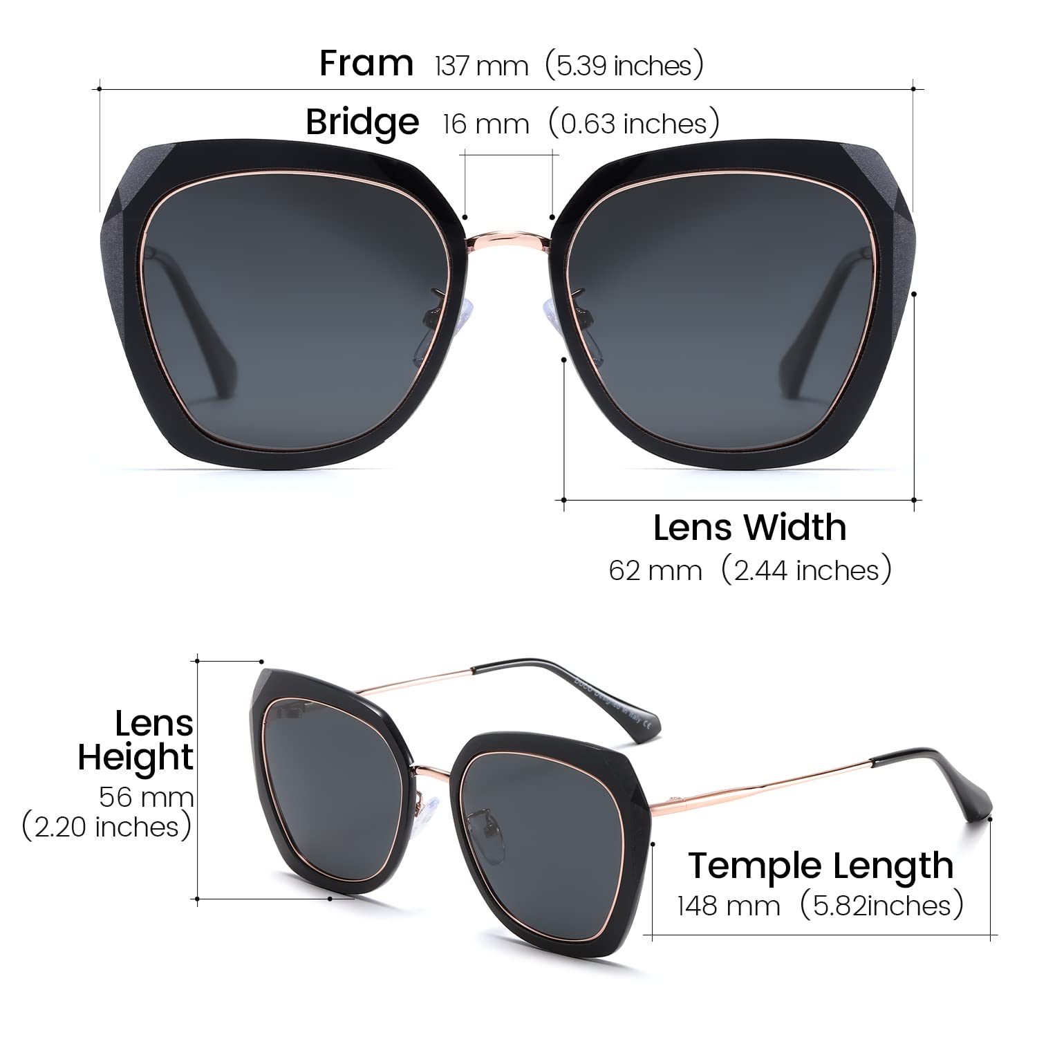 DUCO Oversized Square Polarized Sunglasses for Women Diamond Trim Style UV Protection Designer Sun Glasses DC1225 - Image 5