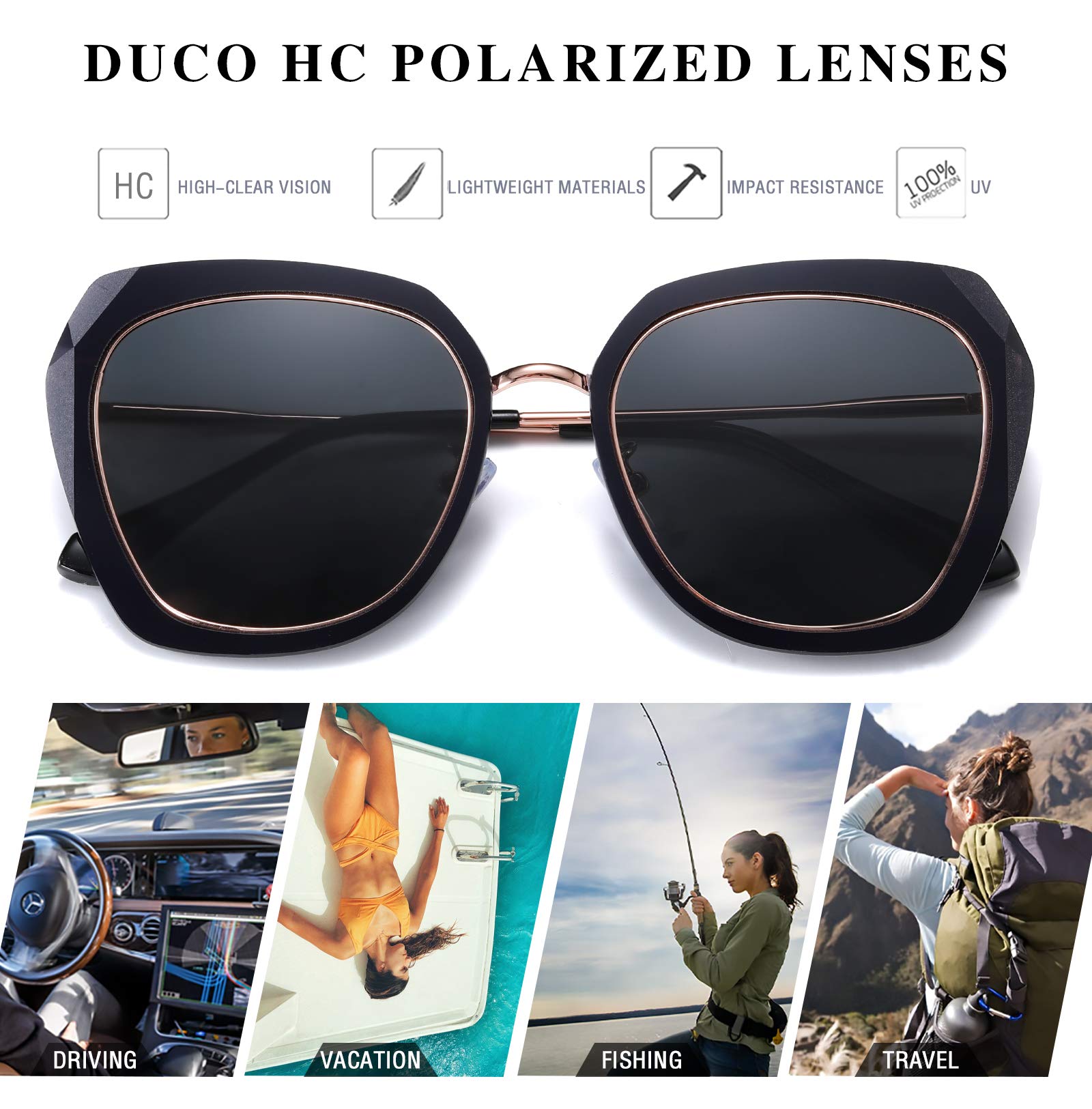 DUCO Oversized Square Polarized Sunglasses for Women Diamond Trim Style UV Protection Designer Sun Glasses DC1225 - Image 8