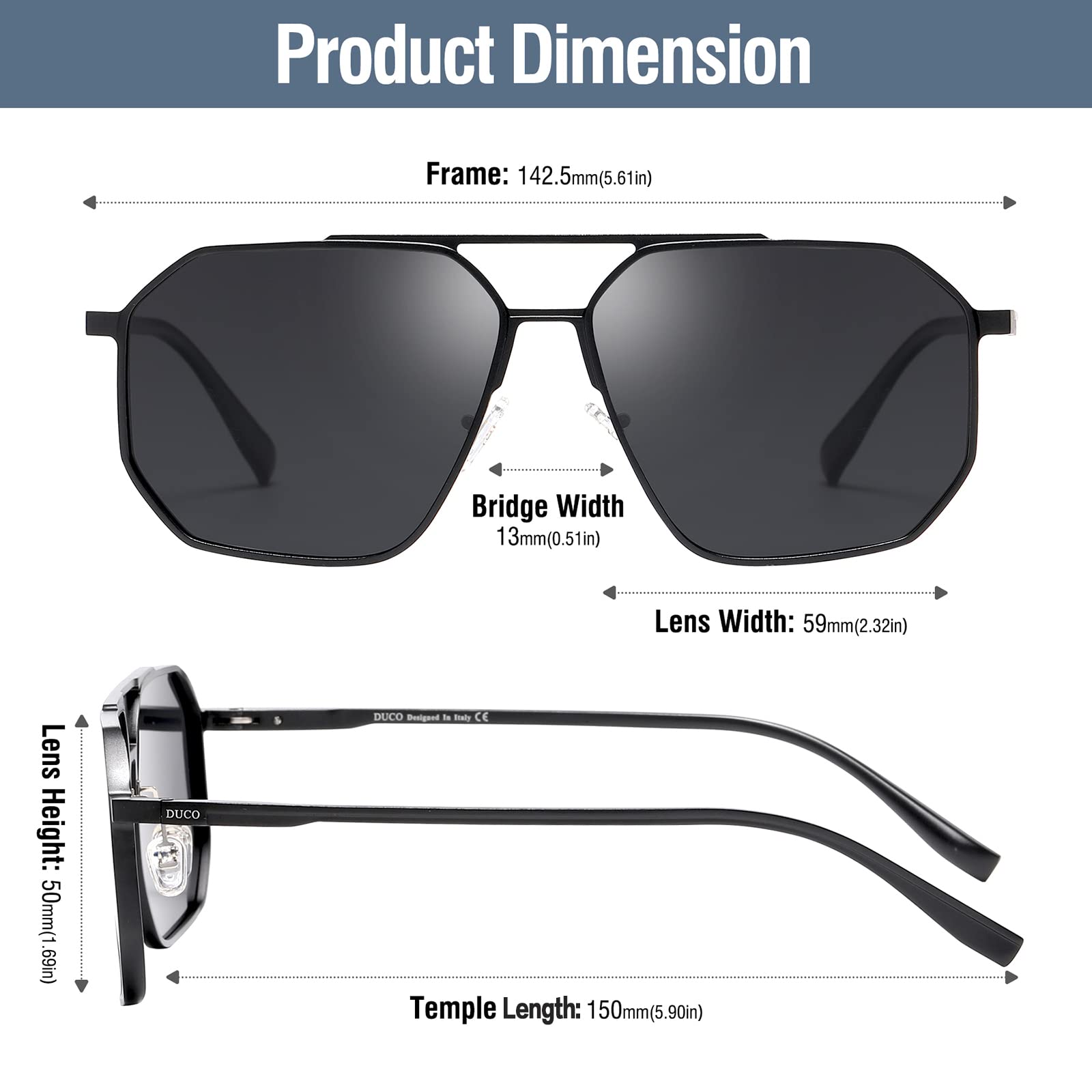 DUCO Polarized Sunglasses Men Women Retro Classic Square Sun Glasses Oversized Vintage Metal Frame Trendy Shades DC3032 - Image 3