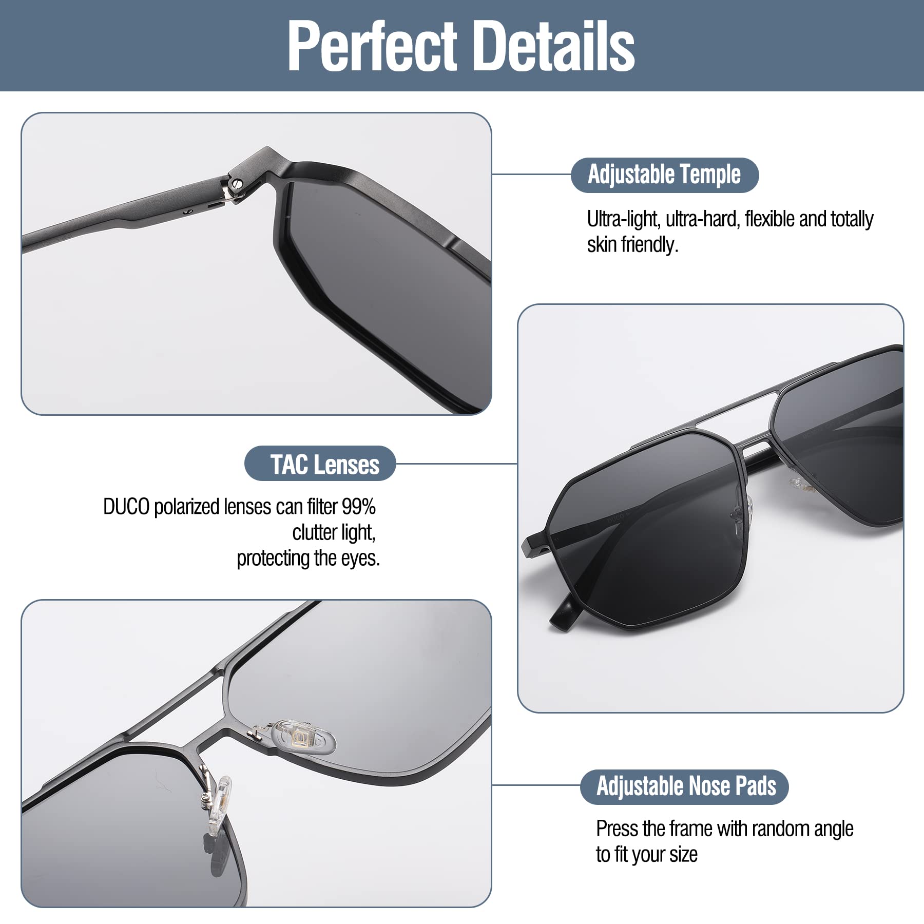 DUCO Polarized Sunglasses Men Women Retro Classic Square Sun Glasses Oversized Vintage Metal Frame Trendy Shades DC3032 - Image 4
