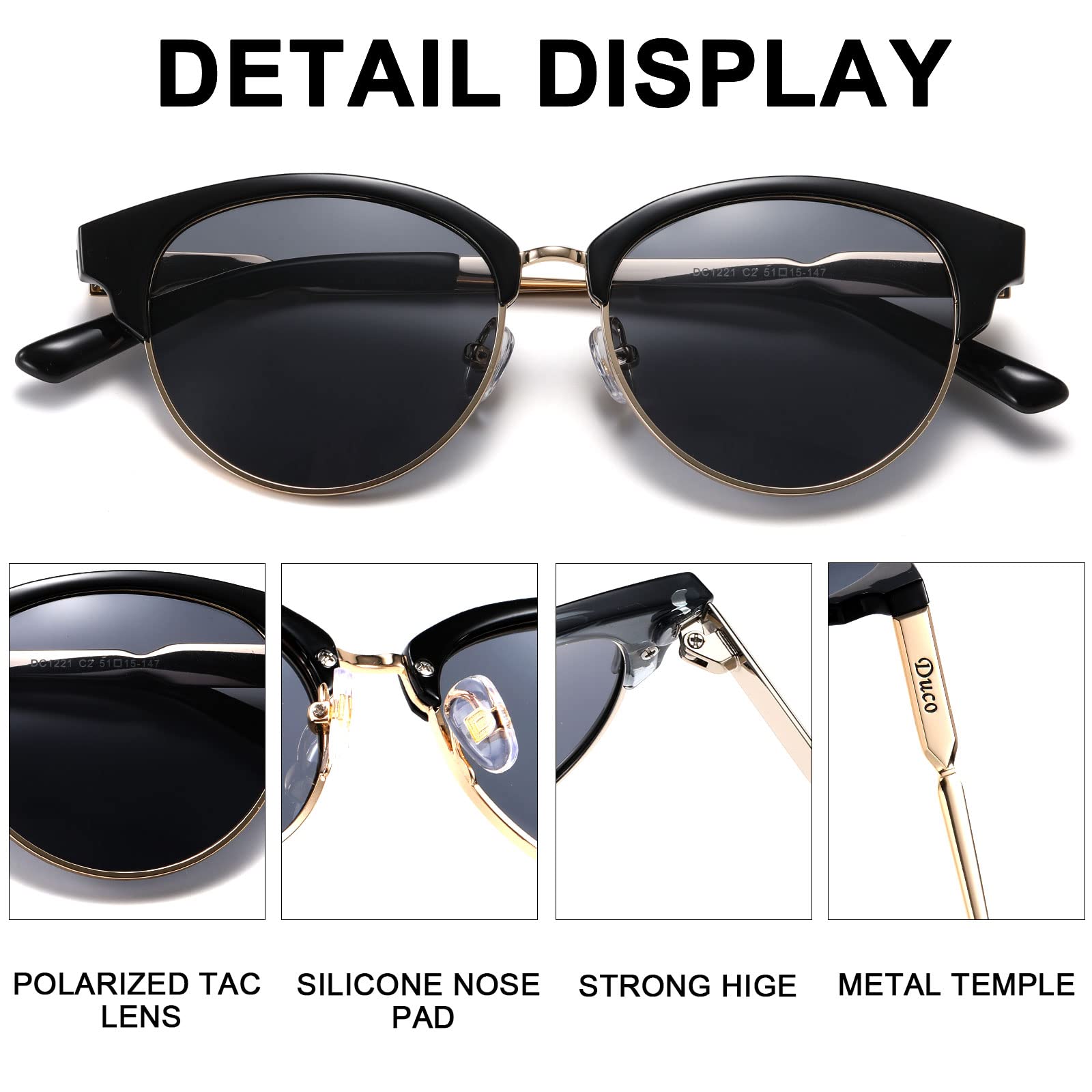 DUCO Retro Polarized Sunglasses for Women Semi Rimless Sun Glasses for Small Face Vintage Half Frame Shades 1221 - Image 5