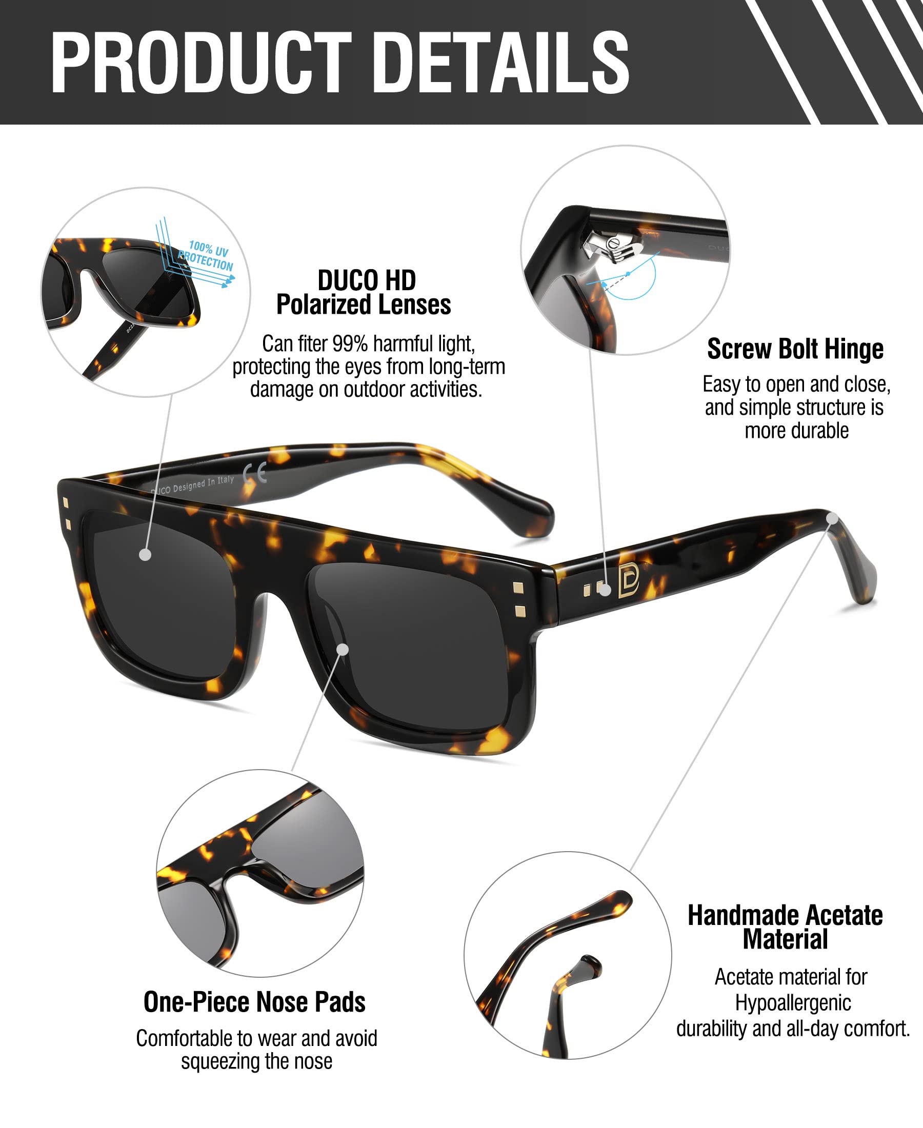 DUCO Retro Rectangle Polarized Sunglasses for Men Women Vintage Flat Top Acetate Sun Glasses UV400 Protection DC2360 - Image 3