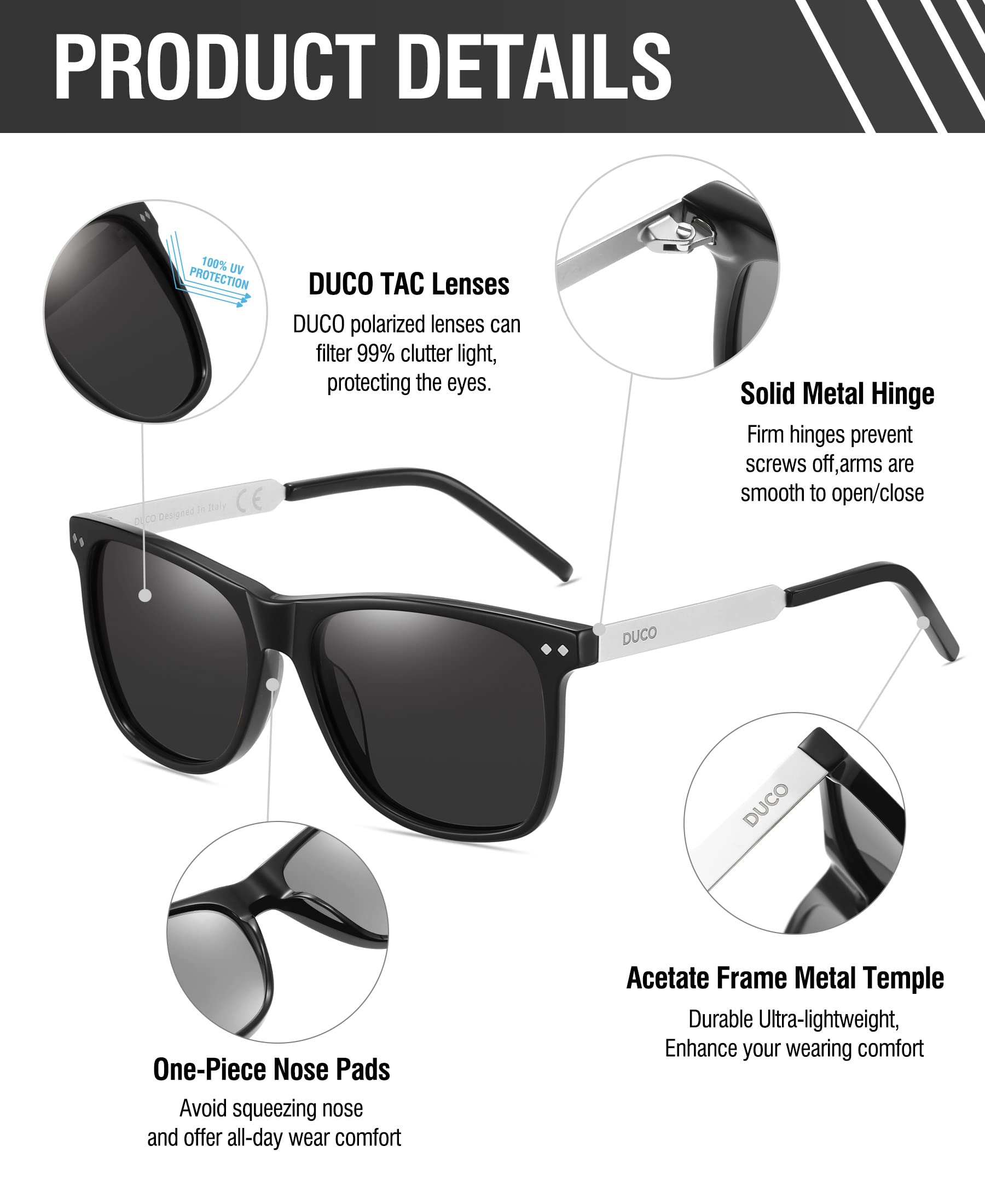 DUCO Retro Square Polarized Sunglasses for Men Women Sun Glasses Acetate Frame 100% UV Protection 2143 - Image 3