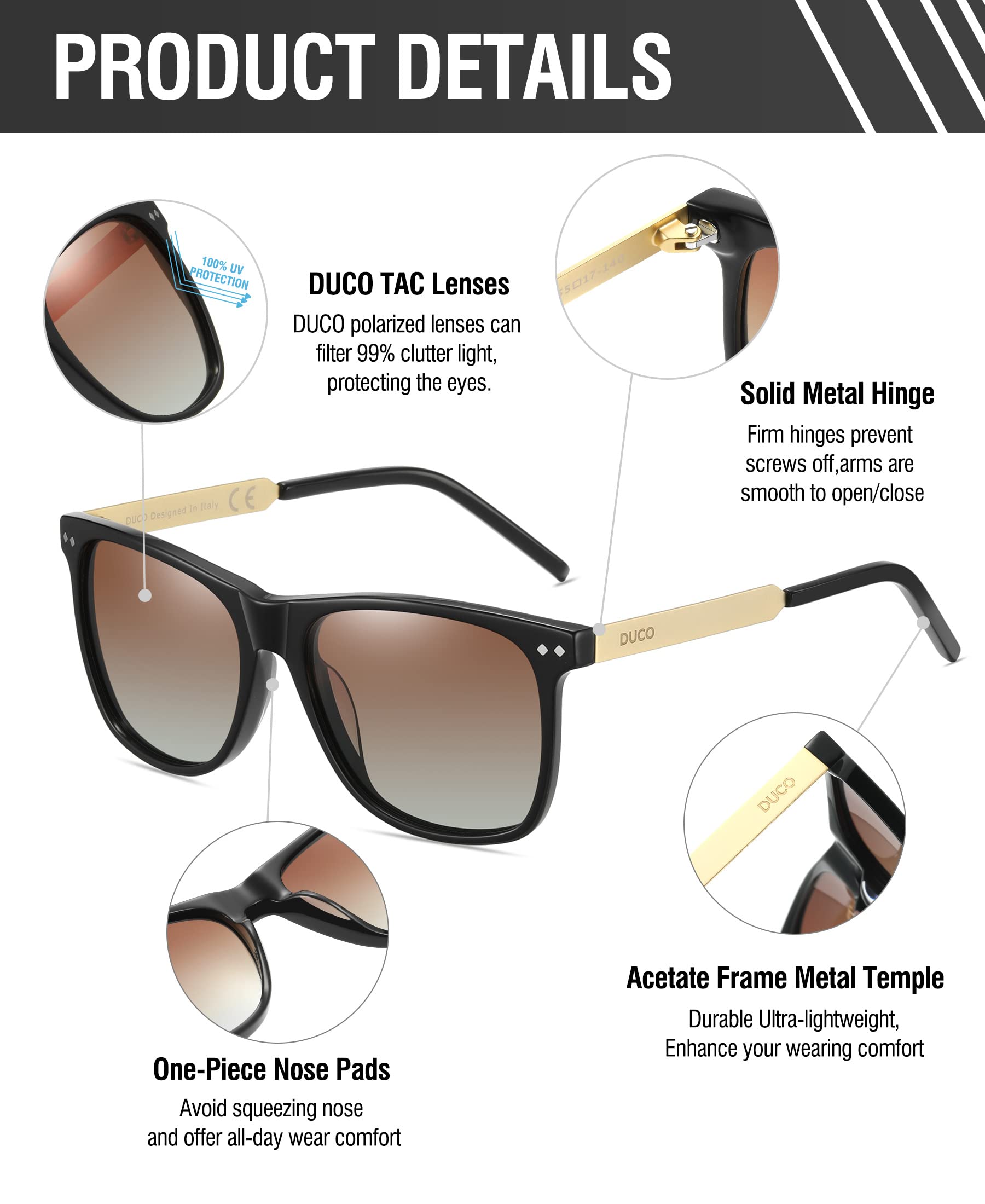 DUCO Retro Square Polarized Sunglasses for Men Women Sun Glasses Acetate Frame 100% UV Protection 2143 - Image 3