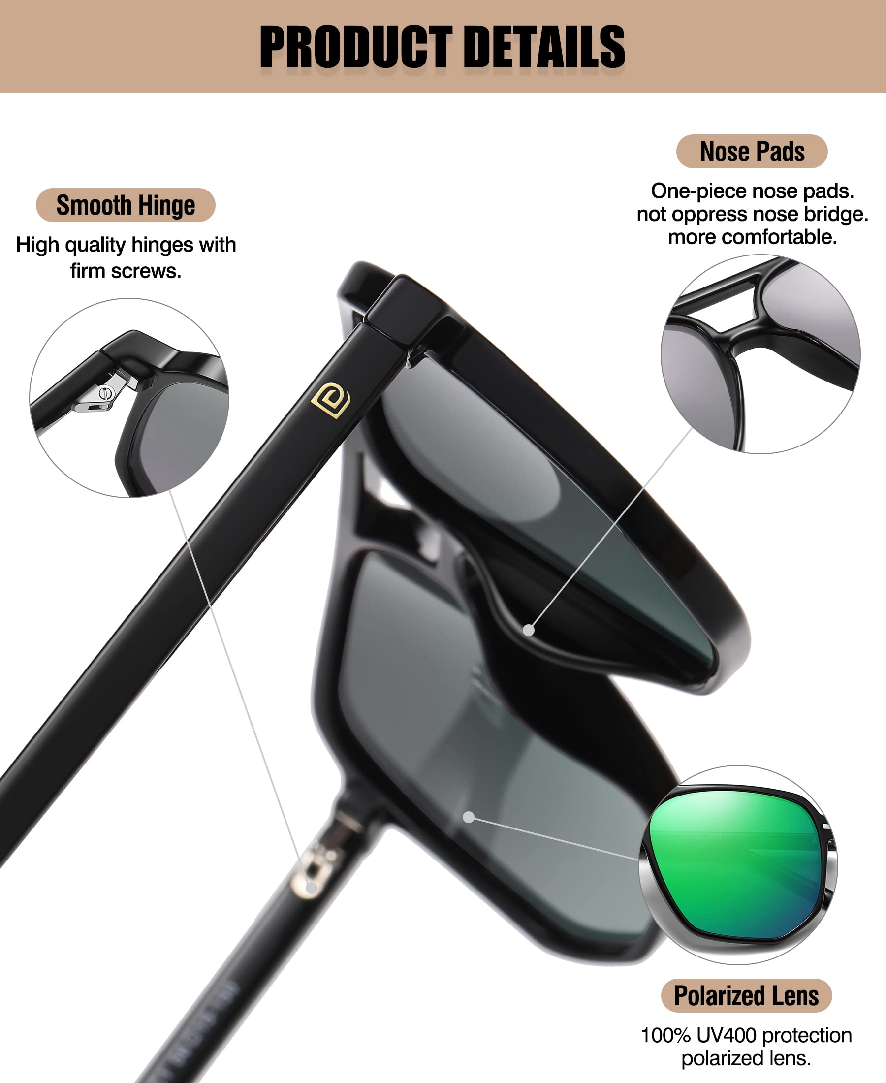 DUCO Retro Vintage Square Polarized Aviator Sunglasses Womens Mens Double Bridge Sun Glasses DC3001 - Image 3