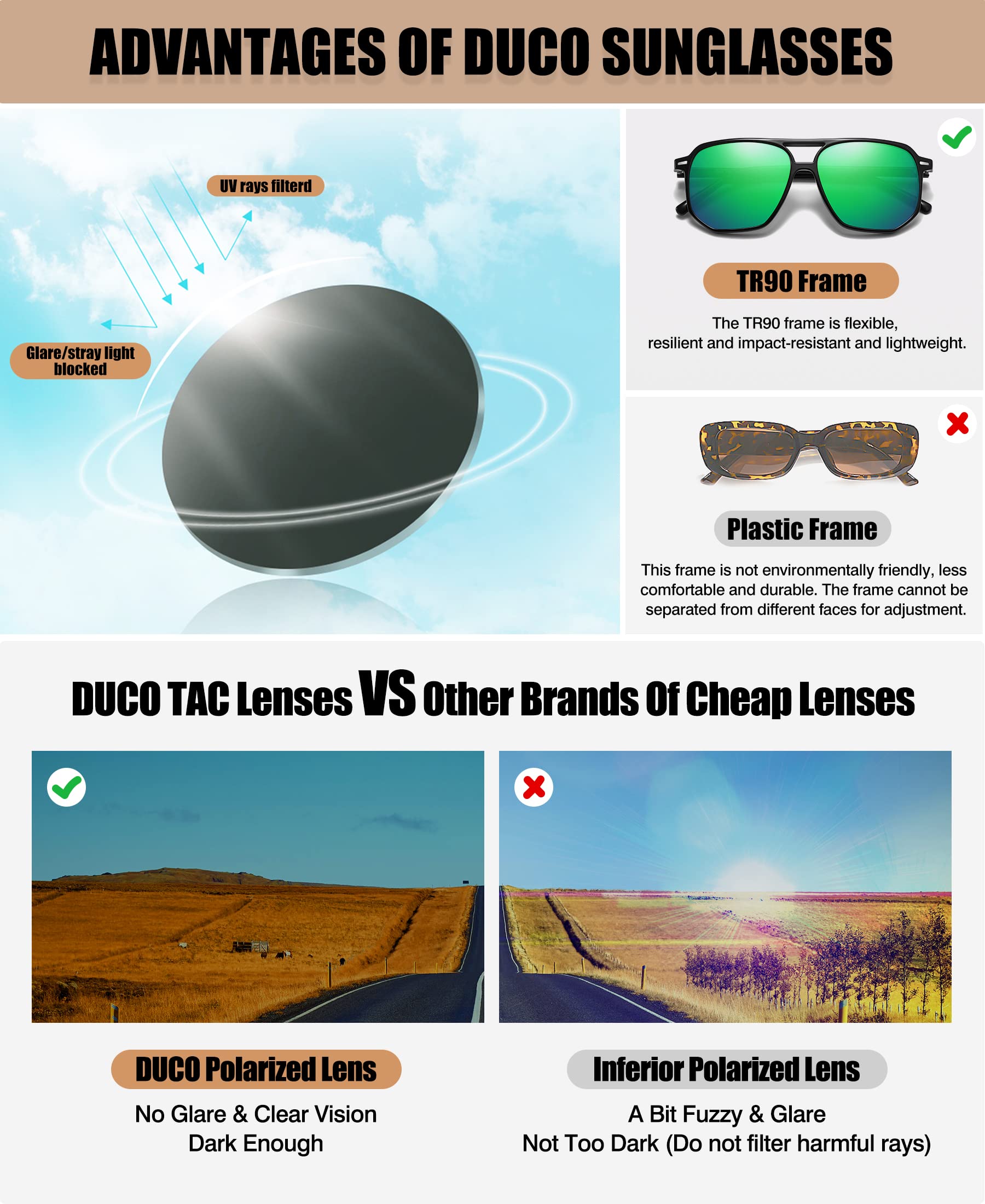 DUCO Retro Vintage Square Polarized Aviator Sunglasses Womens Mens Double Bridge Sun Glasses DC3001 - Image 4