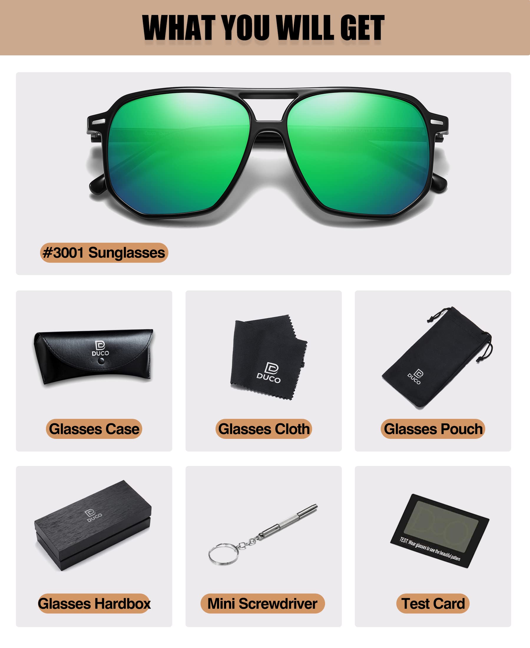 DUCO Retro Vintage Square Polarized Aviator Sunglasses Womens Mens Double Bridge Sun Glasses DC3001 - Image 5