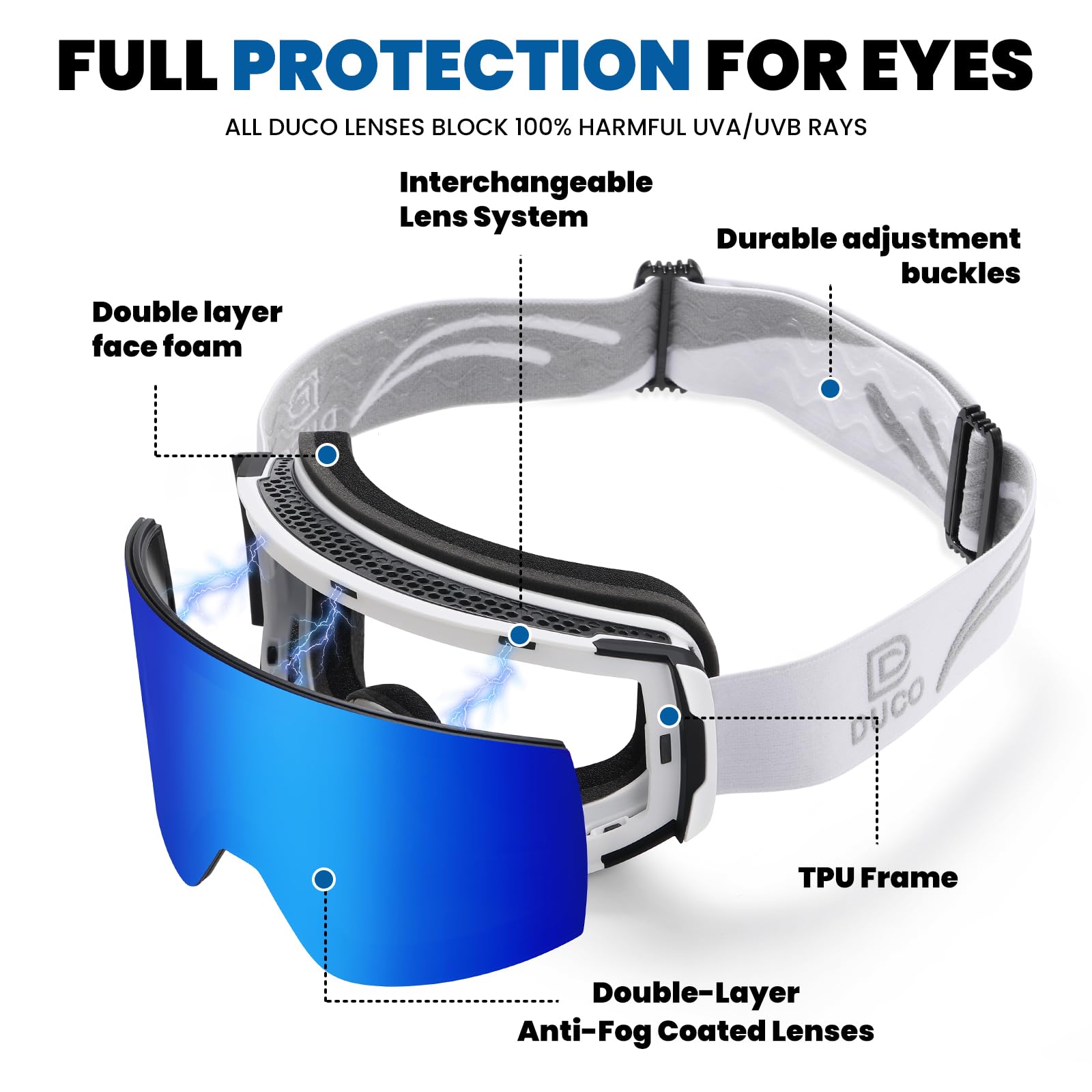 DUCO Ski Goggles with Magnetic Lens for Snowboard, Anti-Fog UV400 Protection Over Glasses OTG Snow Sports Goggles DCS002 - Image 3
