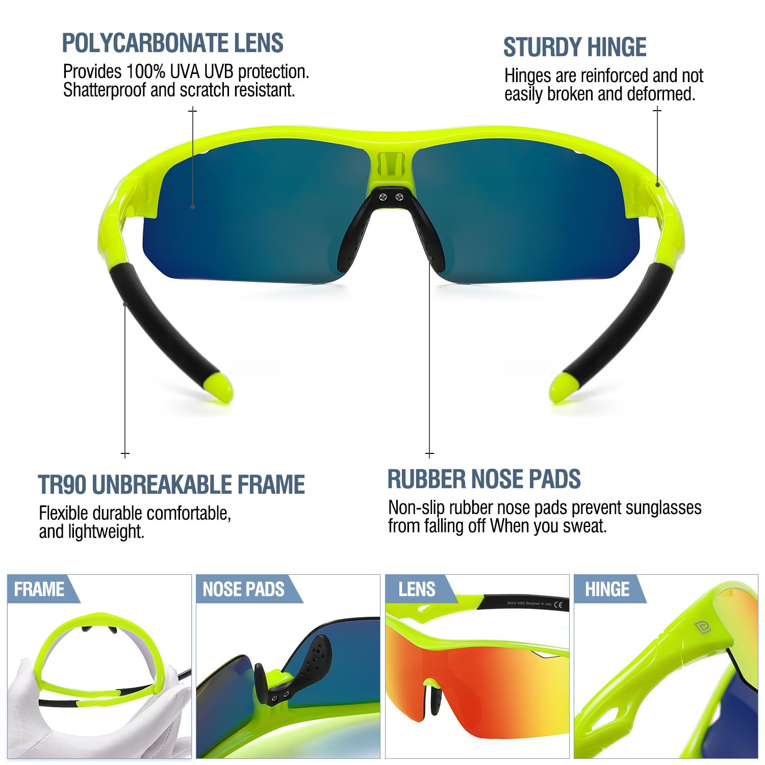 DUCO Sports Youth Baseball Sunglasses Kids Unbreakable TR90 Frame Lightweight Cylcing Glasses for Boys Girls 5-12 Age DK261 - Image 4