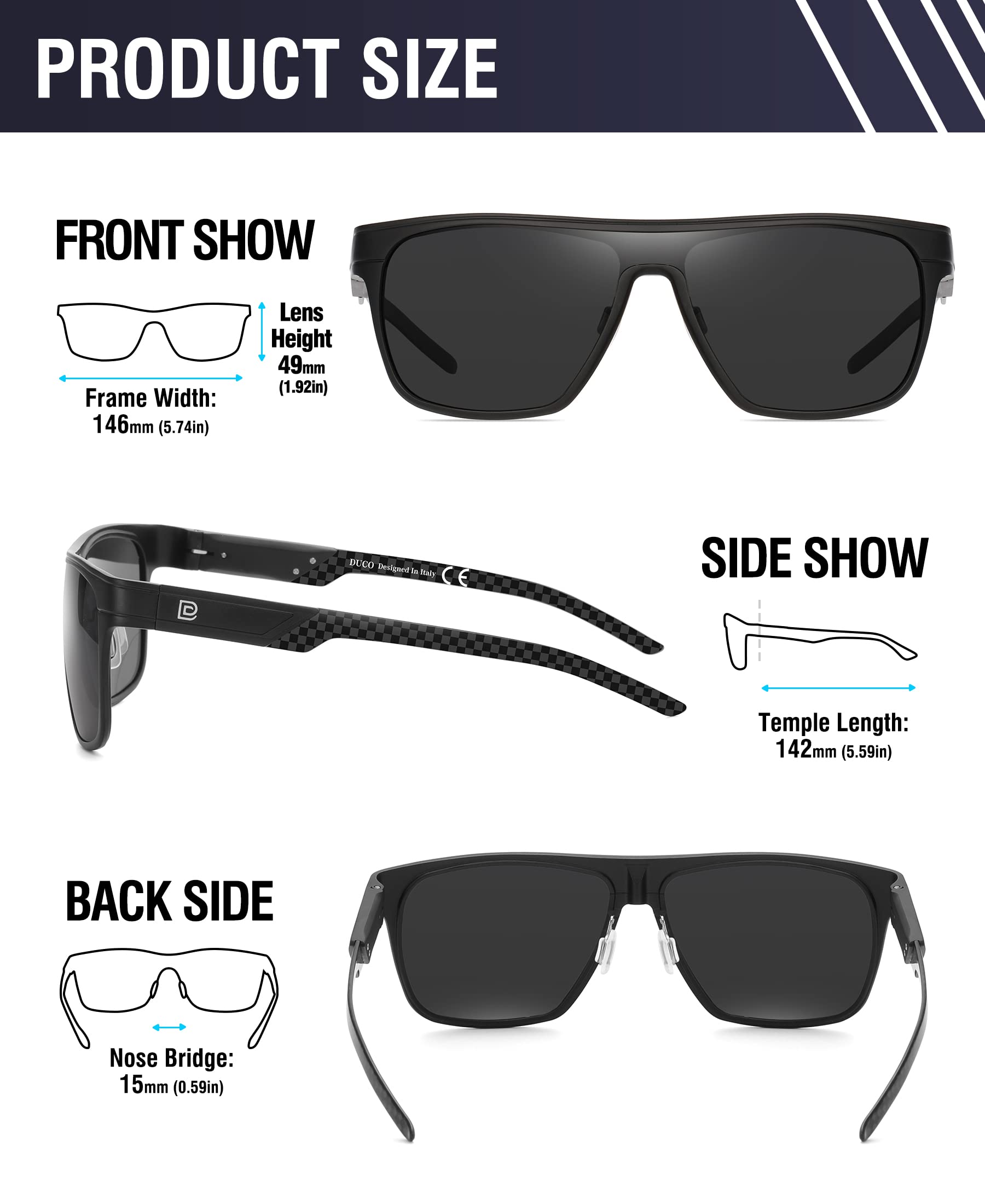 DUCO Square Polarized Sunglasses for Men Women Large Flat Top Shield Sun Glasses UV400 Protection Carbon Fiber Shades DC8230 - Image 3