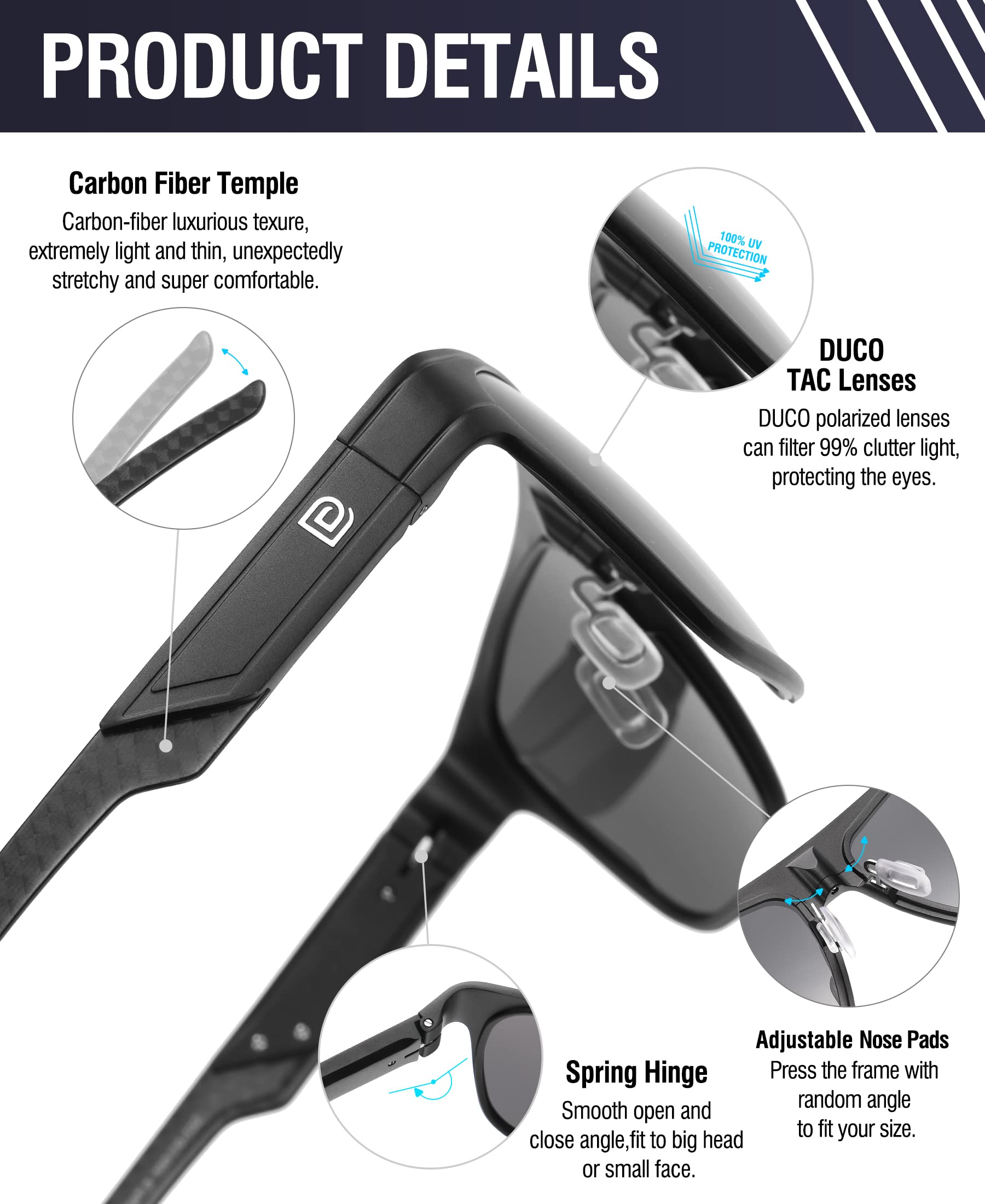 DUCO Square Polarized Sunglasses for Men Women Large Flat Top Shield Sun Glasses UV400 Protection Carbon Fiber Shades DC8230 - Image 4