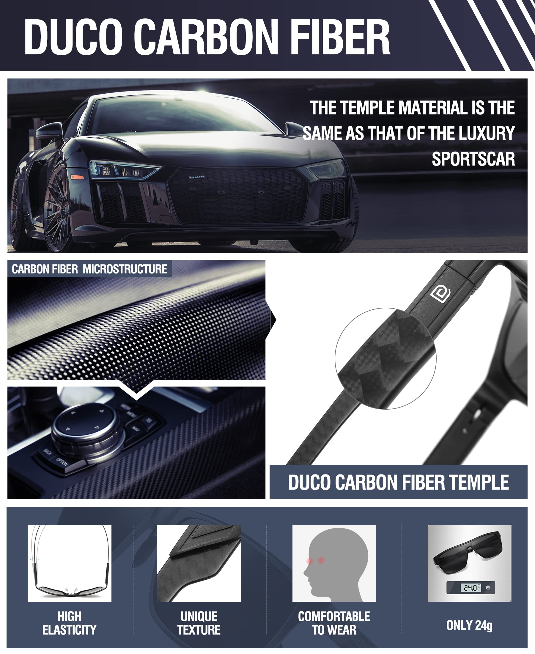 DUCO Square Polarized Sunglasses for Men Women Large Flat Top Shield Sun Glasses UV400 Protection Carbon Fiber Shades DC8230 - Image 5