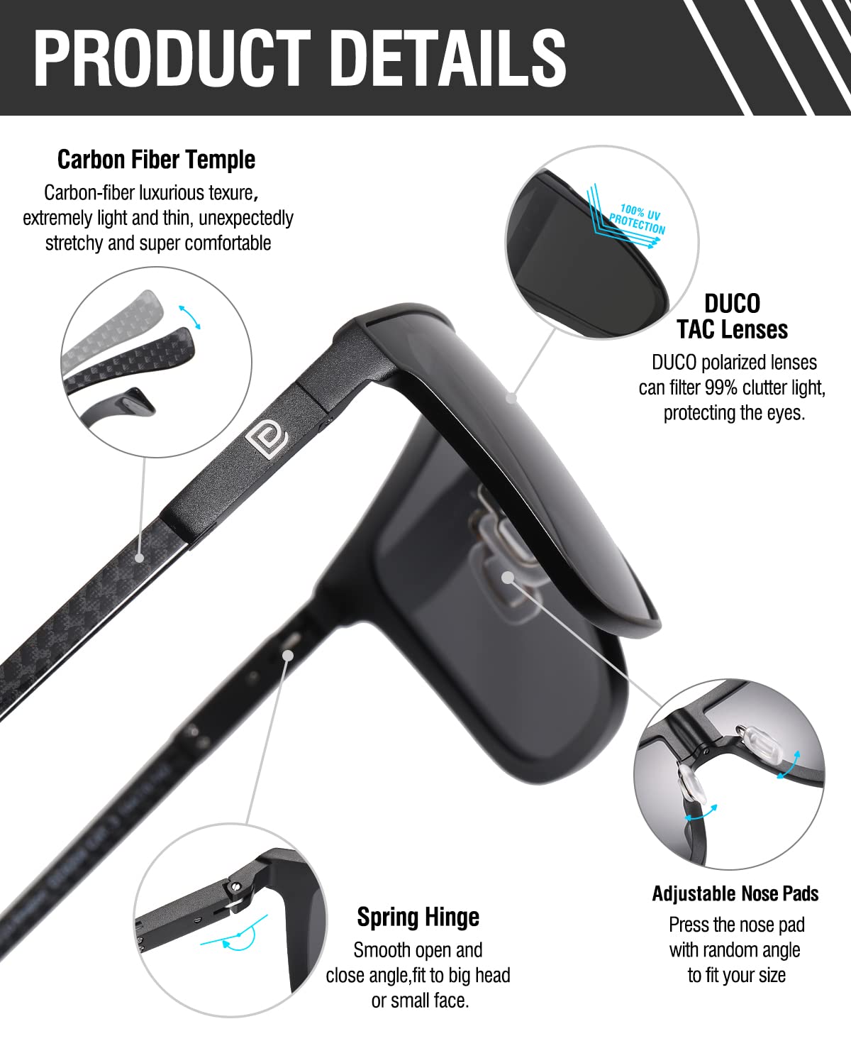 DUCO Trendy Square Sunglasses for Men Women Flat Top Shield Shades Oversized Carbon Fiber Polarized Sun Glasses DC8209 - Image 3